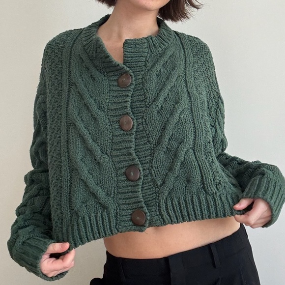 Free People Bonfire Cardigan Sweater Green Cable Knit Chunky Cozy - Picture 5 of 5